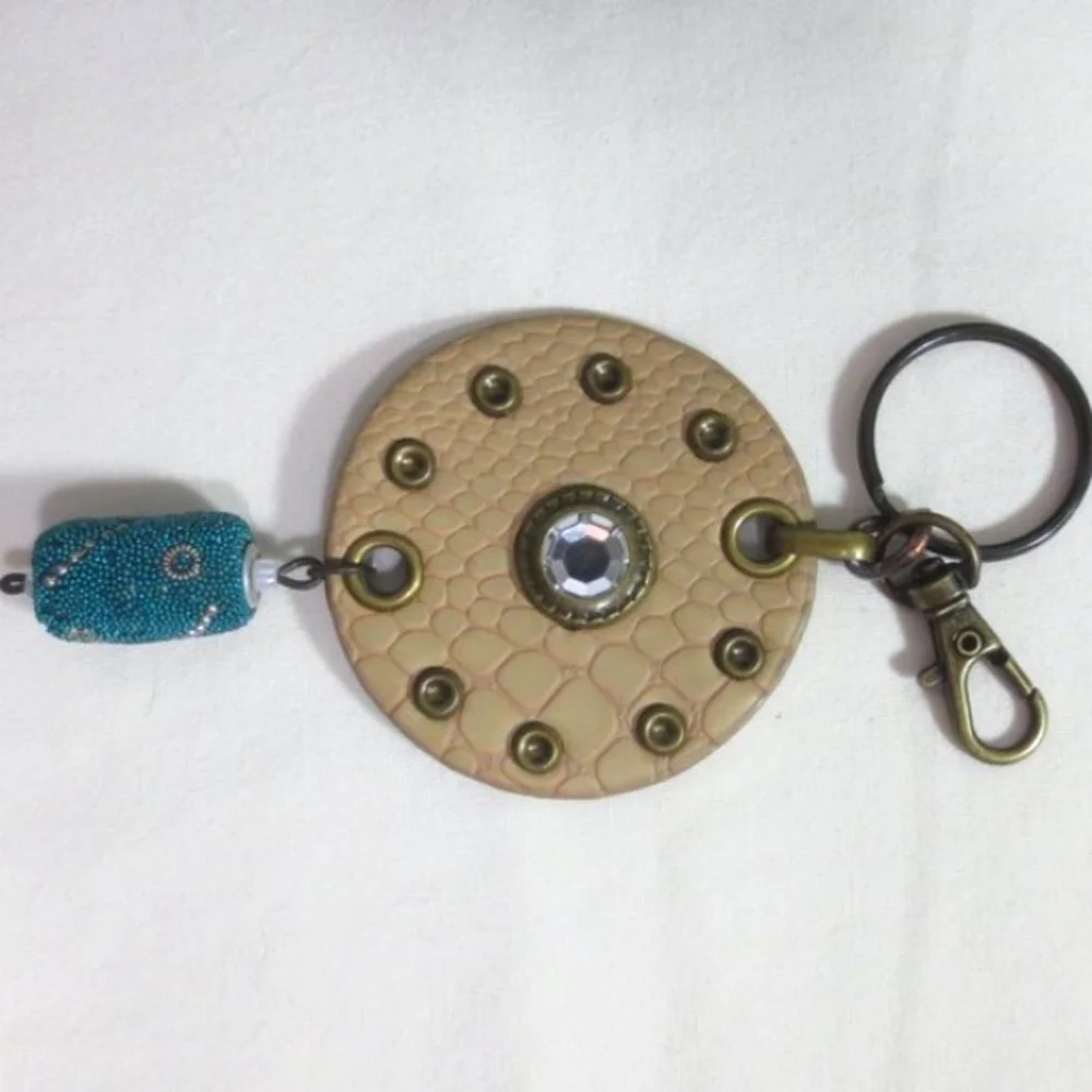 New Handmade Keychain Bag Charm Beaded Boho Faux Leather Rhinestone Swivel Clip